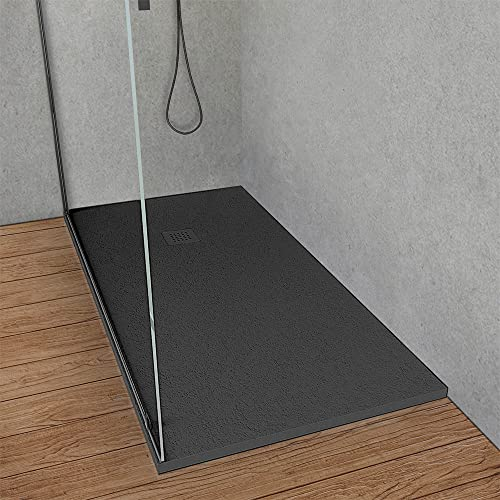 Inbagno Piatto Doccia 70x160 in Resina Antracite Effetto Pietra, Ultra Slim e Antibatterico, riducibile su Misura, griglia di Scarico Reversibile, Loren