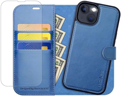 OCASE iPhone 13 Hülle(2in1) Leder Stoßfestes Case [Abnehmbare magnetische Hülle] [Kabelloses Laden] [mit iPhone 13 Schutzfolie] Handyhülle RFID Schutzhülle Etui Klapphülle Hellblau
