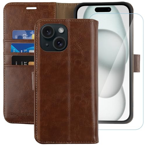 MONASAY Wallet Case for iPhone 15/14 Plus with 3 Card Holders Brown | With a Kickstand, RFID Blocking, 6.6 feet of shock absorption, PU Leather, Strong Magnetic Closure, Fits 6.7 inch ONLY