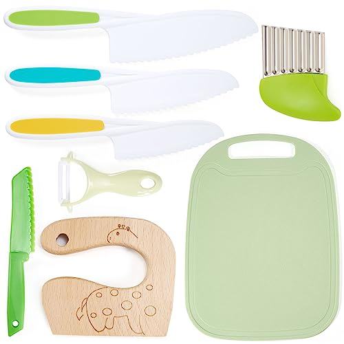 Lot de 8 couteaux de cuisine pour enfants, Avec couteau en bois, planche à découper et éplucher, Pour couper et cuire des fruits ou légumes, Couteau Enfant,Ustensiles de Cuisine Enfant