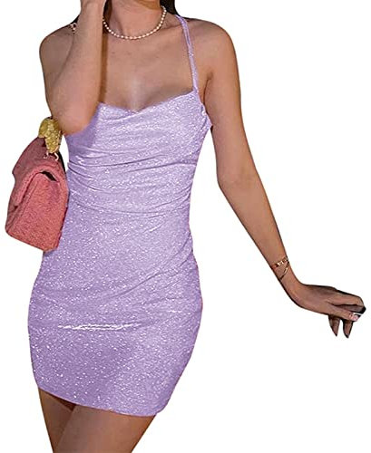 Owegvia Abito rosa per le donne Halter Tie Back Increspato Bodycon Mini Abito Glitter Senza Maniche Scollato Cocktail Paillettes Vestito, Viola, L