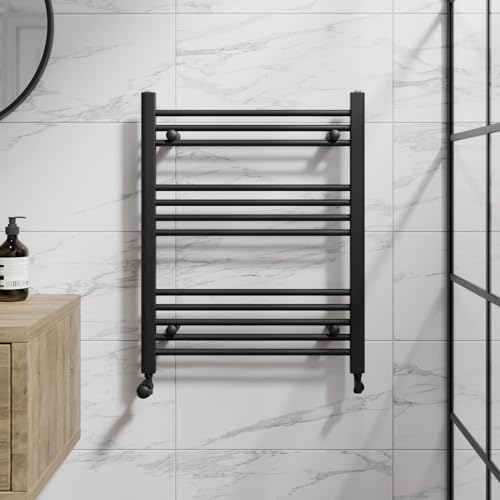 DuraTherm® 750 x 600mm Flat Straight Heated Towel Rail Radiator Modern Central Heating Bathroom Warmer Wall Mounted Ladder Rad, Matt Black
