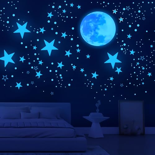 Luminoso Pegatinas 629 Piezas Pared Luna Estrellas Puntos Pegatinas para Niños Pegatinas Fluorescentes para la Decoración del Techo de la Habitación de Los Niños, Azul