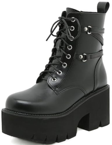 Botas de Combate con Tachuelas y Cordones de Plataforma para Mujer,Botines góticos con Cadena de Charol de Moda,Cremallera Sexy con Hebillas Botas de Motocicleta Punk,8 Black,38 EU