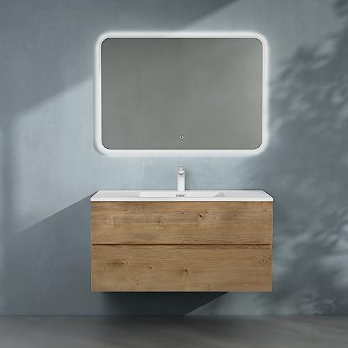Sogood doporro Meuble de Salle de Bain Suspendu 100x48x50cm Ensemble de 3 Pièces Meuble avec Lavabo Solid Surface et LED Miroir Design Aqualis