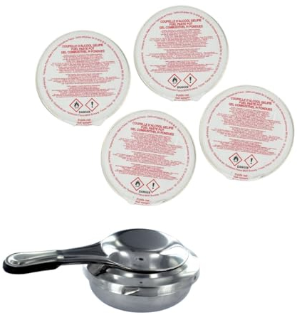 Fackelmann 9929250 Lot de 4 coupelles d'alcool gélifié et brûleur à alcool, alcool gélifié, alcool pour fondue savoyarde, bruleur à alcool, Alcool, Aluminium, Inox, 15,5 x 9,7 x 4,5 cm | 9 cm