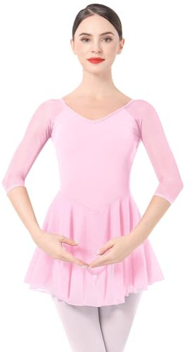 IMEKIS Women Ballet Dress 3/4 Sleeve Gymnastic Leotard Dance Bodysuit with Chiffon Skirt Ballerina Dancewear Pink S
