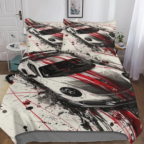 BLISSCOZY Sportwagen 3D Bettwäsche Muster Mikrofaser Bettbezug Mit Reißverschluss Und Kissenbezug Double（200x200cm）