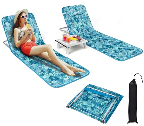 GIANTEX 2er Set Strandliege mit Tisch, Faltbare & tragbare Strandmatte mit 5-stufig Verstellbare Rückenlehne, Sonnenliege mit Kissen & Tragegurt, 151 x 55,5 cm (Blau-Blätter)