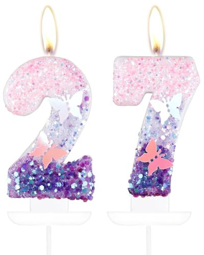 Schmetterling Zahl 27 Kerzen für Kuchen, 27 Geburtstag Schmetterling Kuchen Kerzen Cake Topper Mädchen 27 Geburtstag Kuchen Dekorationen, Lila Rosa Schmetterling Geburtstagskerzen, Lila Schmetterling