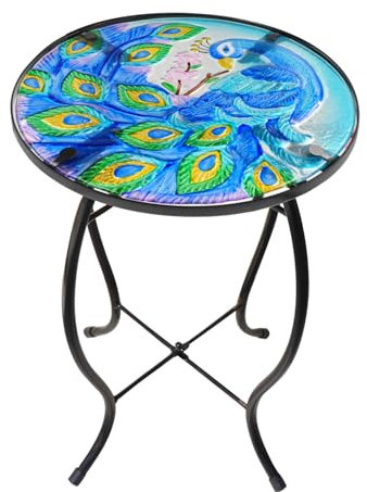 TERKEPT Table d'appoint ronde en métal pour patio, table basse en verre, table de chevet pour salon, chambre à coucher, utilisation intérieure et extérieure