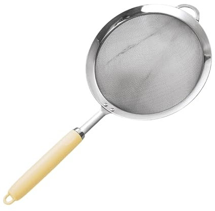 Wizoowip Passoire à mailles 30/40 en acier inoxydable 304, avec poignée ergonomique, filtre fin, cuillère, tamis à farine en fil, passoire en métal, écumoire de cuisine Jaune L