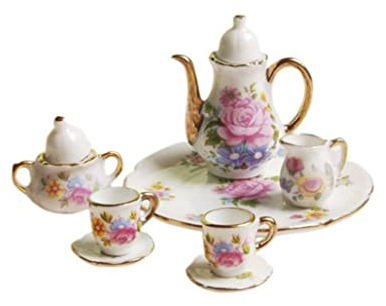8PCS 1:12 Miniature Ceramic Tea Cup Set Porcelain Tea Cup Set Flower Print with Gold Trim Dollhouse Kitchen Accessories Mini Tea Set