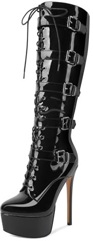 Eldof Women's Knee-High Boots Platform Lace Up High Heeled Stiletto Sexy Boot for Party, Patent Black, 6 UK