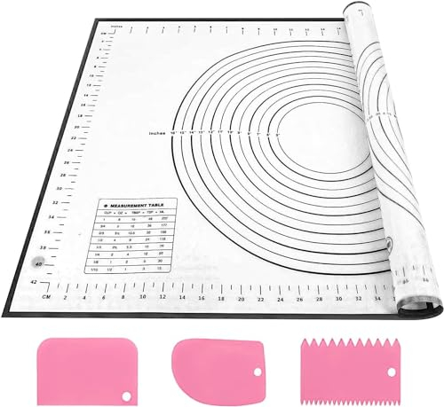 SAEIV Tappetino da forno in silicone, 70 x 50 cm, antiscivolo, antiaderente, con misurazione, tappetino per fondente, pasticceria, pizza, senza BPA (nero + 3 raschietti)