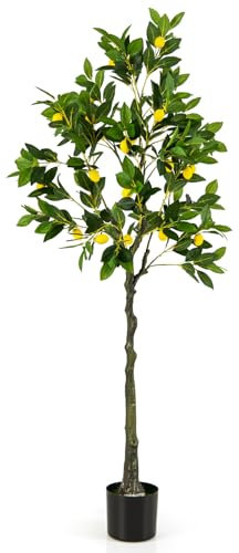 COSTWAY Limonero Artificial, Planta Artificial de Limón con Frutas de Limón, Árbol Artificial con Macetero de Cemento, Planta Artificial Decorativa para Interior, Hogar, Porche, Oficina (160 cm)