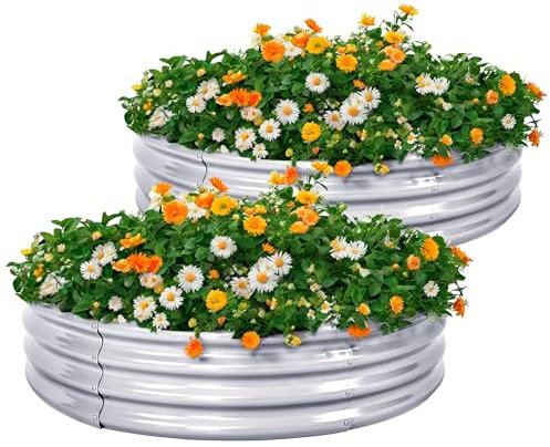 KINI MOX 2Pcs Raised Garden Bed 4x4x1 FT Round Galvanized Metal Raised Garden Boxes Outdoor Planter Box for Vegetables Flowers Herb (4×4×1 FT / 120 * 120 * 29 CM)