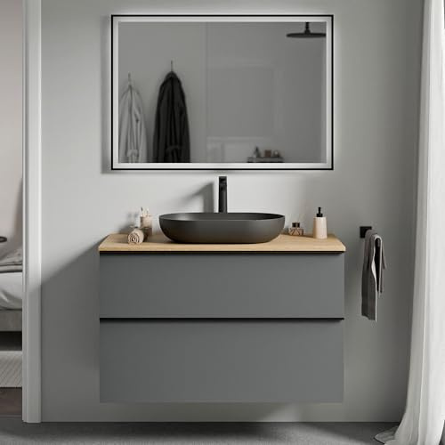 Bernstein Waschbecken-Unterschrank Lavoa 100cm in Anthrazit - Waschtischplatte: Eiche - Schrank mit 2 Schubladen, Griff in Anthrazit Soft-Close Hettich Metallauszüge, 5 Jahre Garantie