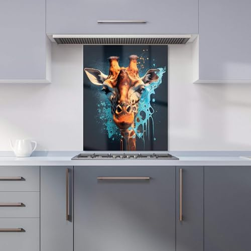 Premium Blue Giraffe Face Splashart Kitchen Splashback 6mm Toughened Glass Kitchen Splashback – Heat Resistant Splashback for Kitchens, Perfect for Cookers and Hobs, Polished Edges