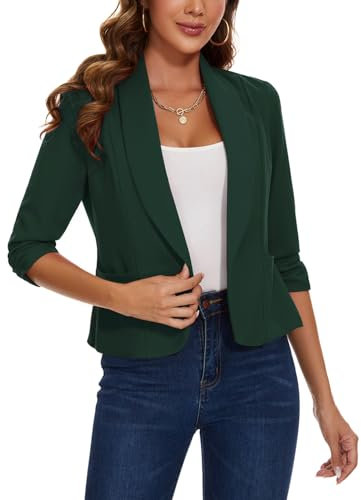 LADI TREND Blazer for Women Open Front Suit Jackets 3/4 Ruched Sleeve Cardigan Elegant Outerwear (Dark Green S)