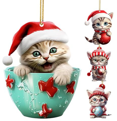 Katze Weihnachten Ornament - 2D Acryl Katze Anhänger für Auto | Katze Weihnachten Ornament für Weihnachtsbaum, Katze für Katzenliebhaber, Auto Hängende Ornamente 4 Stück