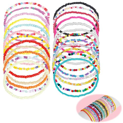Smomend 24 PCS Bracelets de Cheville Perlés Faits à la Main, Bracelet de Cheville Femme, Accessoires Boho pour Femmes et Filles, Perles de riz Durables, Parfait pour la Plage et les Fêtes