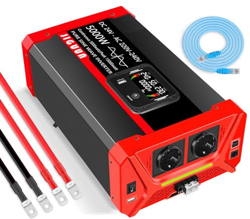 JIGUUN 5000W Convertisseur 24V 220V Pur Sinus Onduleur transformateur avec 2 Prises EU & 3 Ports USB+Tycp-C,Télécommande détachable et écran LCD Puissance de crête 15000W
