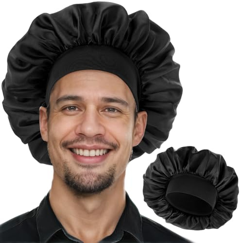 RYMAUP Satin-Schlafmütze für Herren, Nachtschlafmütze, verstellbare Schlafmütze aus Seidensatin, einlagig, dehnbare Krawatte, breit, weich, Haarmütze für lockiges Haar