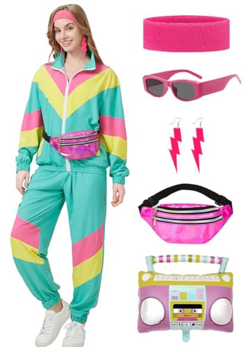 Coseaon 80er 90er Jahre Outfit Damen Trainingsanzug Jacke Hose Anzug 80er Retro Kleidung Accessoire 80s Kostüm Halloween Karneval Party (Grün, XL)