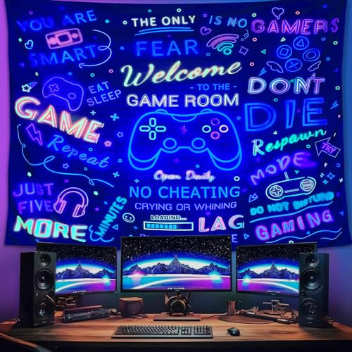 ARTCREATOR Schwarzlicht-Gaming-Wandteppich, Welcome To The Game Room, Schild für Spielzimmer, Wanddekoration für Jungen, coole UV-reaktive Wandteppiche, Gaming-Wanddekoration für Schlafzimmer (150 x