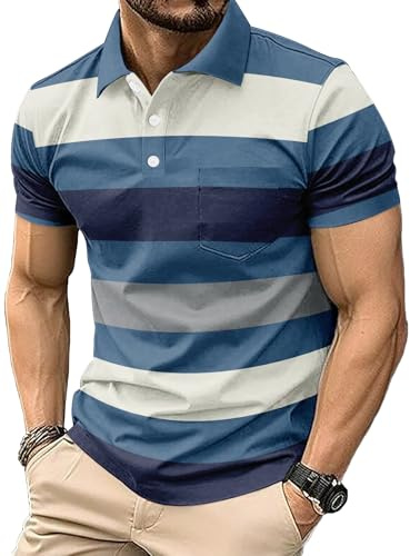 Men's Casual Polo Shirts Short Sleeve Fashion Golf Shirt Classic Striped Slim Fit T-Shirts