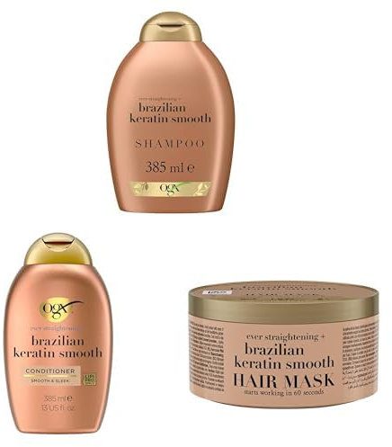 OGX Brazilian Keratin Smooth Shampoo & Conditioner (385 ml) + Hair Mask (300 ml), glättend mit Kokosöl, Avocadoöl & Keratin, LipiPro Shield Technologie, ohne Sulfate, für geschmeidiges,glänzendes Haar