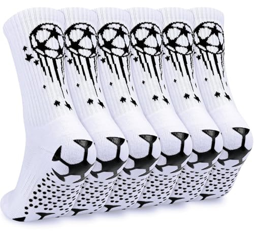 KOOOGEAR 3 Paare Weiß Schwarz Fussball Socken Kinder Fußballsocken Anti Rutsch Grip Jungen Fußball Socken Rutschfeste Sportsocken für Fussball 7-12 Jahre