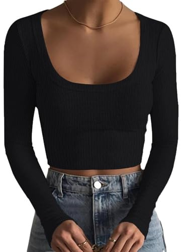 DUOEASE Camiseta Manga Larga Mujer Cuello Crew Costilla Crop Top Mujer Slim-fit Básica Top Casual