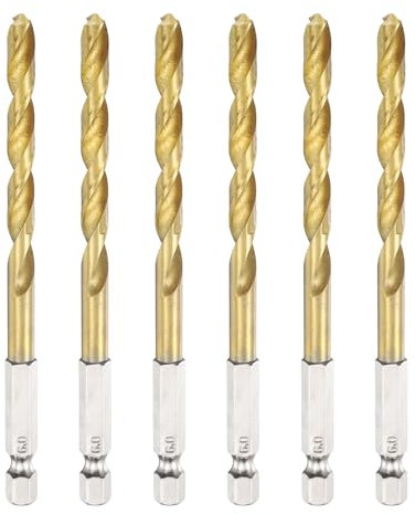 sourcing map 6pcs 1/4 Hex Shank Titanium Twist Drill Bit 6mm Drilling Dia 112mm Length High Speed Steel Drills for Hardened Metal, Stainless Steel, Cast Iron, Wood, Plastic