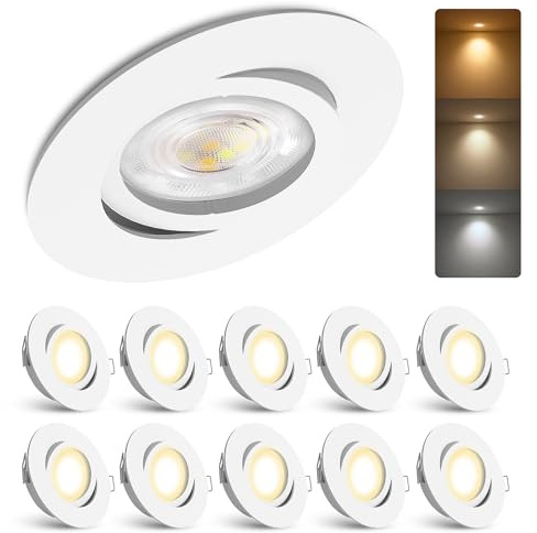 linovum LED Einbaustrahler 10er Set weiß rund schwenkbar 4W 3 Lichtfarben | Zehn schwenkbare Einbauspots weiß - warm / neutral / kalt per Schalter, nur 23mm tief, für Wohnräume & Küche, inkl. LED-Modul