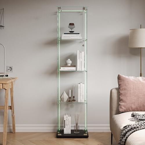 KOOPMAD Glasvitrine Standvitrine,Glasvitrine Schrank mit 1 Tür und LED-Lichtband,4-Stöckige,glasschrank für Wohnzimmer, Büro,Schlafzimmer,40x35x163cm,Einfach zu Montieren, Schwarz