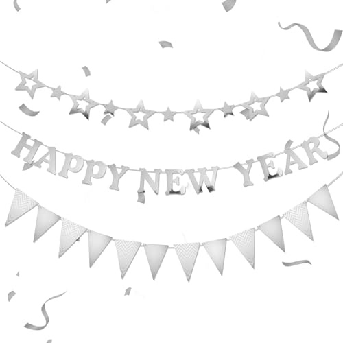 Happy New Year Girlande Silvester Deko 2026 Silber, Glitzer Silvester Deko 2026 Girlande Banner, Neujahr Deko 2026 Kranz für Silvesternacht Dekoration,2026 Silvesternacht Party Deko Zubehör