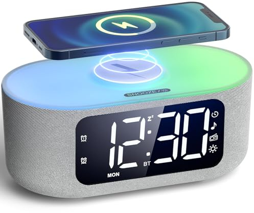 LIORQUE Alarm Clock Bedside with Qi Wireless Charging Smart Alarm Clock LED Display, FM Radio, Bluetooth Speaker, Mains Powered, Auto Dimming, Dual Alarms, Weekend Mode, Sound Sleep Feature