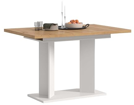 xonox.home – Esstisch Gustav 120-160x76x80 cm in Artisan Eiche Nachbildung und Weiß – Ausziehbarer Küchentisch mit Doppelsäule – variabel anpassbar, ummantelte Kanten & inklusive Aufbauanleitung