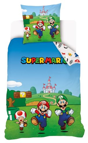 Mario Bettbezug Super Mario 140 x 200 cm + 1 Kissenbezug 63 x 63 cm – 100 % Baumwolle – Grün und Blau