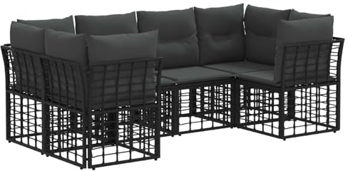vidaXL Outdoor-Sofagarnitur mit Kissen 6 pcs Schwarz Polyester, Alfresco Lounge, Outdoor-Sofa, modulares Set, Rattan Möbel, Gartensitzgruppe, Patio Anordnung