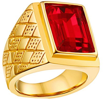 HIJONES Herren 18MM Klassisch 18K Vergoldet Geburtsstein Rubin Stein Ring aus Edelstahl Größe 65 (20.7)
