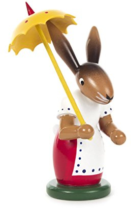 Osterdekoration Osterhäsin mit Schirm - Osterhasenfigur - Osterdeko – Osterhase – Osterfigur – Ostern & Frühjahr - Holzfigur – Handarbeit aus dem Erzgebirge – Höhe ca. 12 cm - NEU