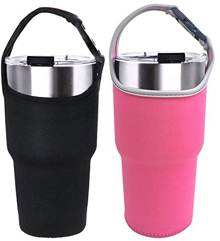 DanziX 2 Pack Tumbler Carrier Holder Pouch for All 30oz Stainless Steel Travel Insulated Coffee Mug, Neoprene Sleeve with Carrying Handle,Fit for YETI Rambler Ozark Trail Rtic and More-Black,Rosy