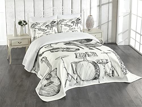 ABAKUHAUS Jazz Musik Tagesdecke Set, Musikinstrumente, Set mit Kissenbezug Waschbar, für Einzelbetten 170 x 220 cm, Beige Black