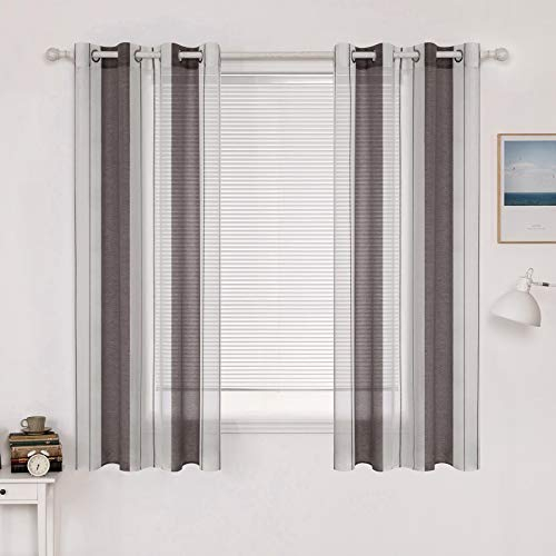 MIULEE Gardinen Gestreift Transparent mit Ösen, Voile Vorhänge Wohnzimmer 2er Set, Vorhang Schlafzimmer Transparent mit Dunkelbraun Weiss Gestreift, Kurz Vorhang Halbtransparent Streifen 140X145 cm