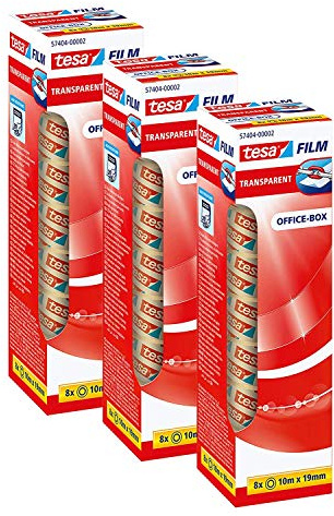 tesa tesafilm transparent - Transparentes Klebeband mit starker Haftung - alterungsbeständig und reißfest - 10 m x 19 mm (3 Packungen (24 Rollen))