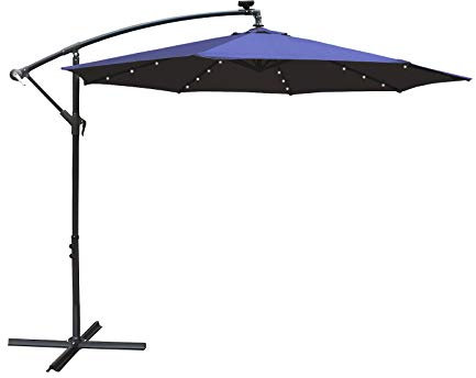 AIRWAVE 3m Cantilever Garden Parasol with Solar-Powered LED Lights | Banana Patio Umbrella with Crank Handle & Tilt, Sun Shade with Protection UPF 30+ | Navy Blue