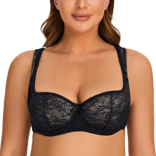 MELENECA Women's Balconette Bra with Padded Strap Half Cup Underwire Sexy Lace Black 34C